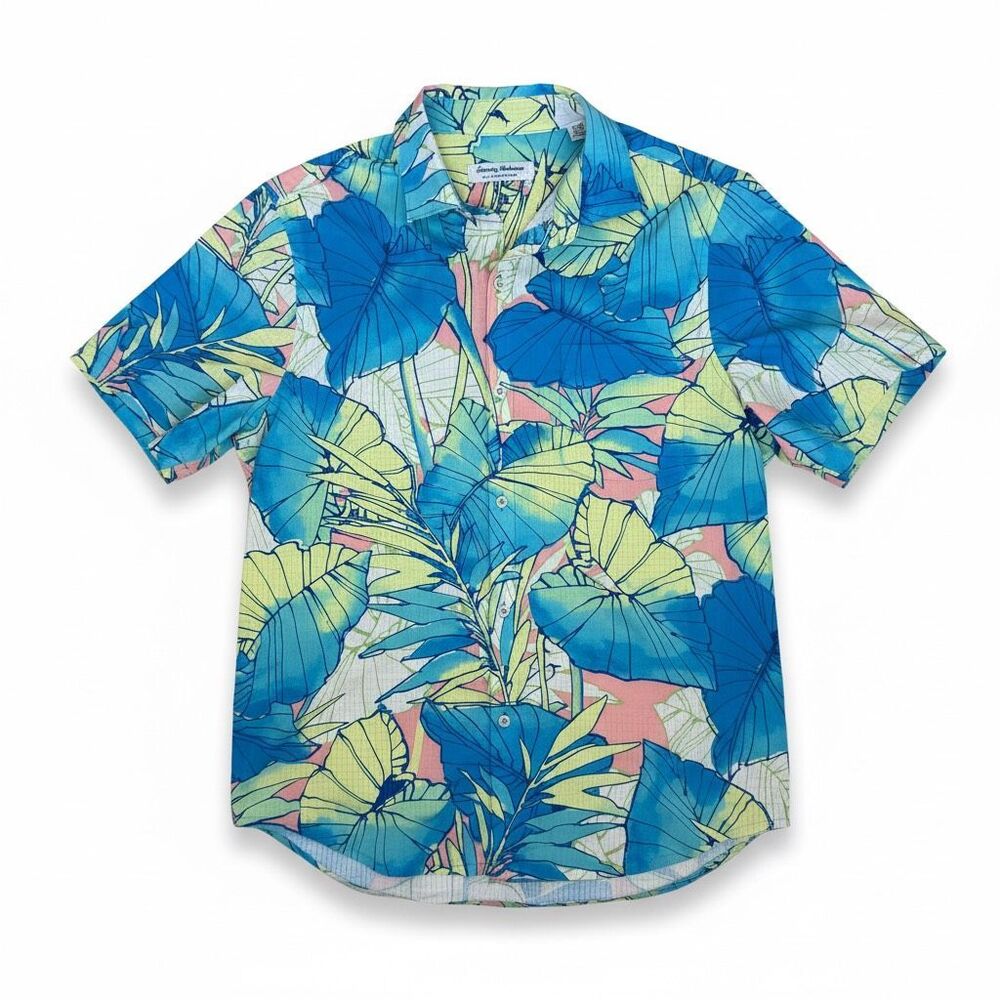 Tommy Bahama Bahama Coast Tropical Leaf Button Up Shirt Medium Blue